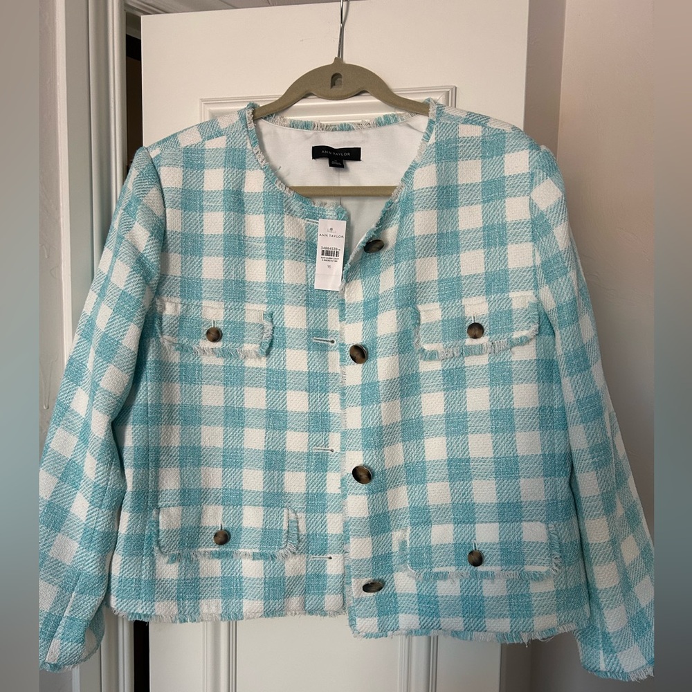 Ann Taylor - Blue and White Fringed Tweed Jacket